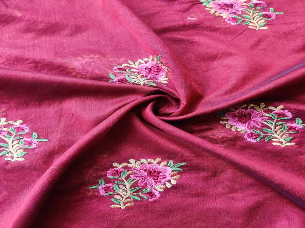 Maroon Floral Embroidered Chanderi Fabric (Wholesale)