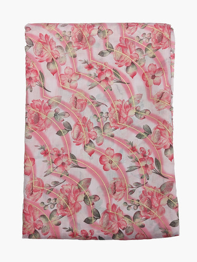 White & Pink Floral Printed Muslin Fabric ( Wholesale)