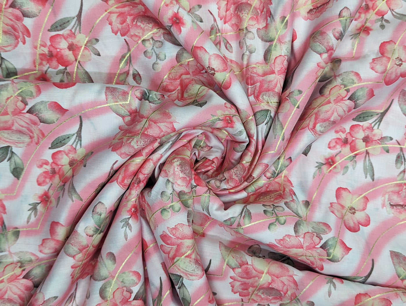 White & Pink Floral Printed Muslin Fabric ( Wholesale)