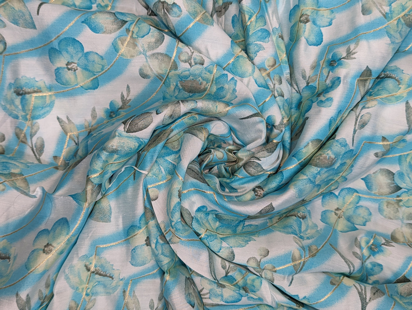 White & Blue Floral Print Muslin  Fabric