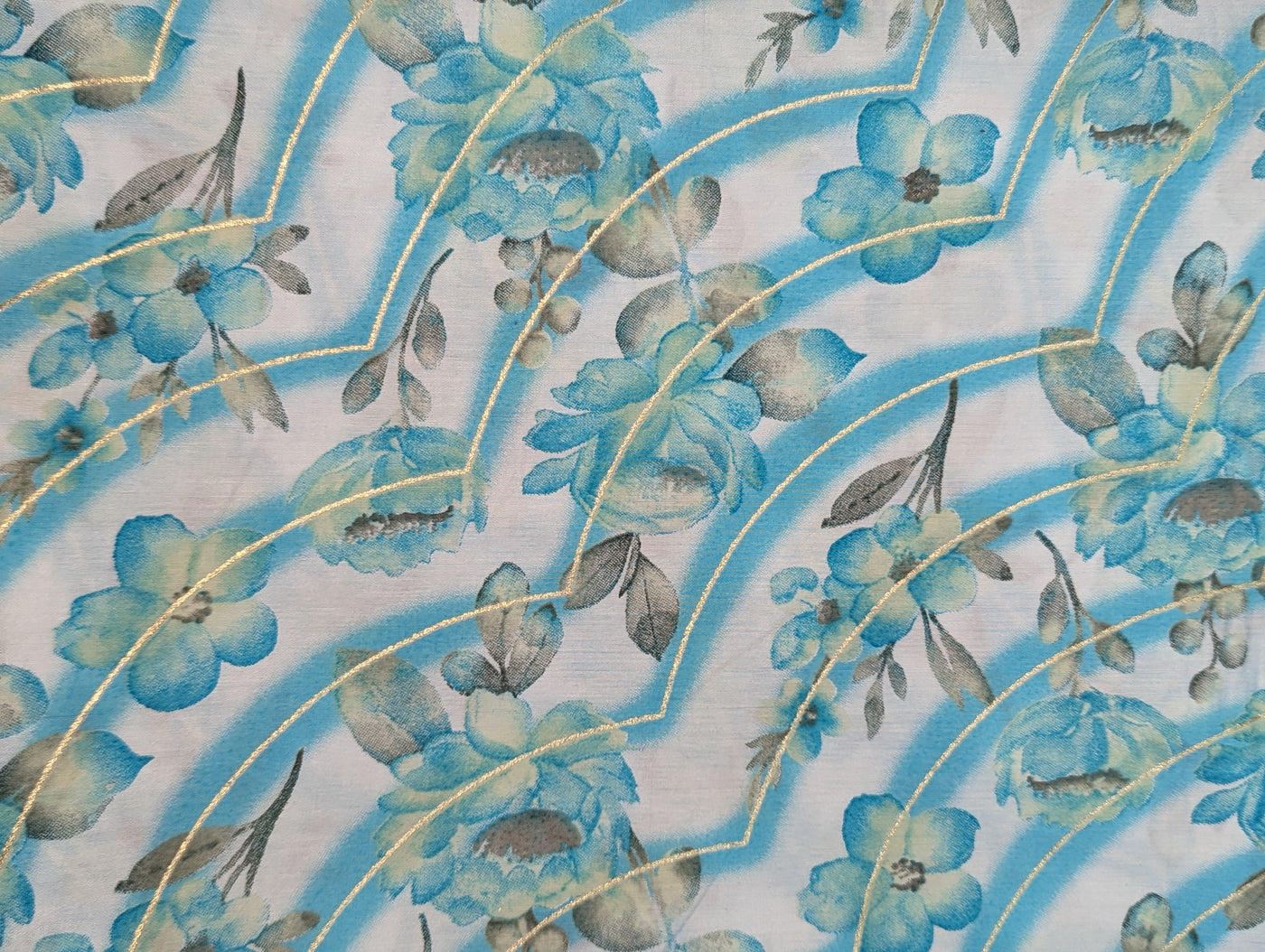 White & Blue Floral Print Muslin  Fabric