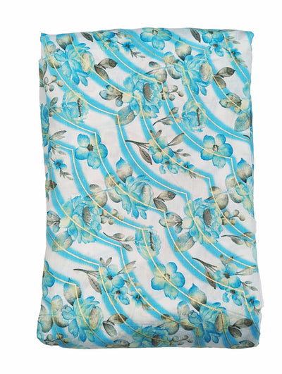 White & Blue Floral Print Muslin  Fabric