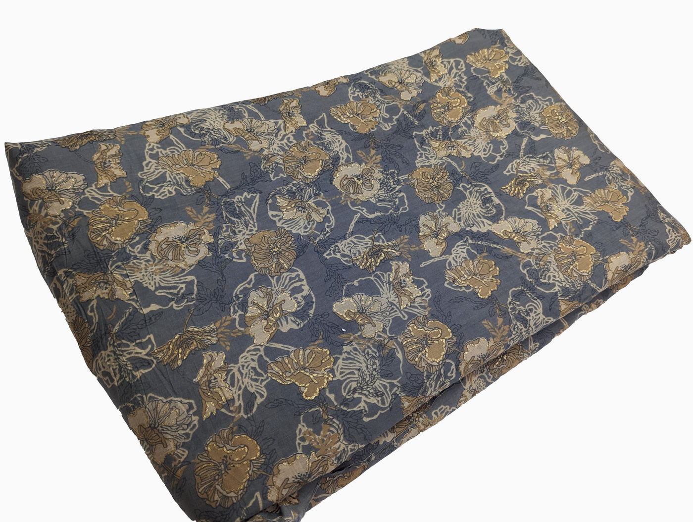 Grey & Golden Floral Muslin Print Fabric