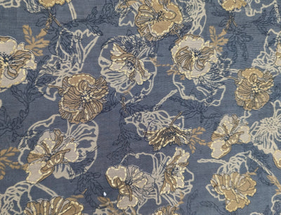 Grey & Golden Floral Muslin Print Fabric