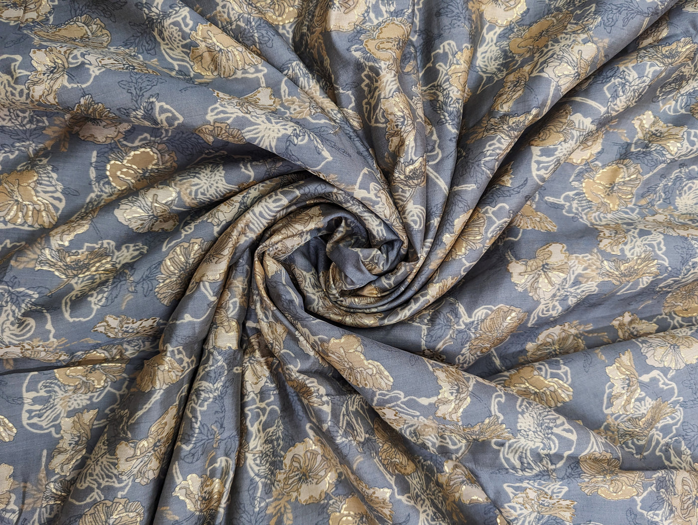 Grey & Golden Floral Muslin Print Fabric