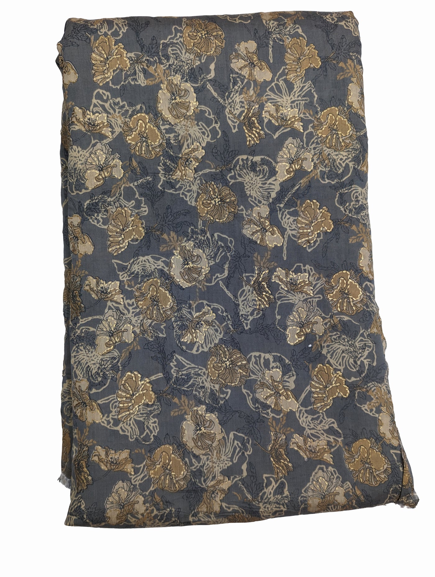 Grey & Golden Floral Muslin Print Fabric