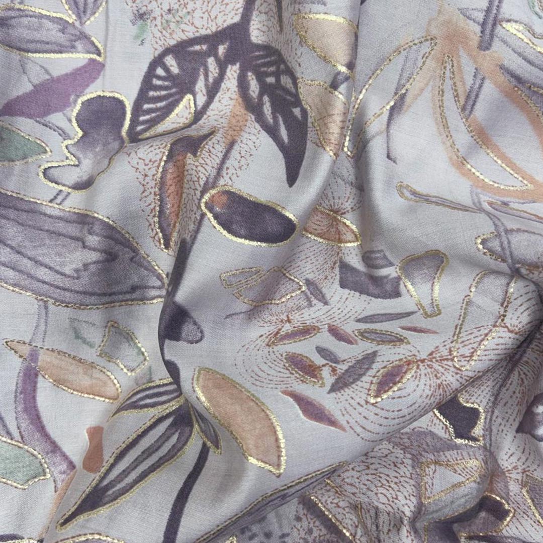 Onion Purple Floral Printed Chanderi Foil Print Fabric