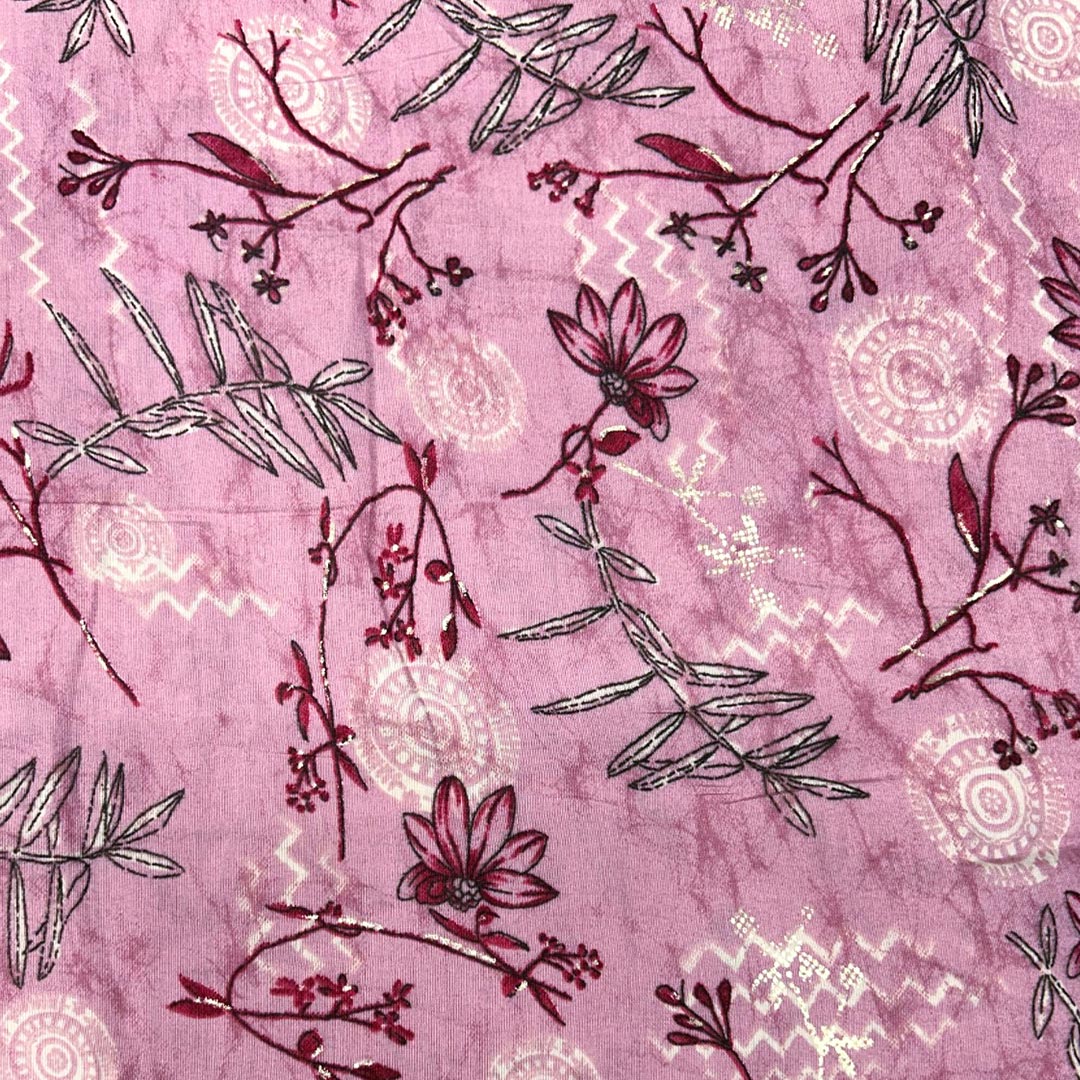 Pink Floral Printed Modal Chanderi Foil Fabric (Wholesale)