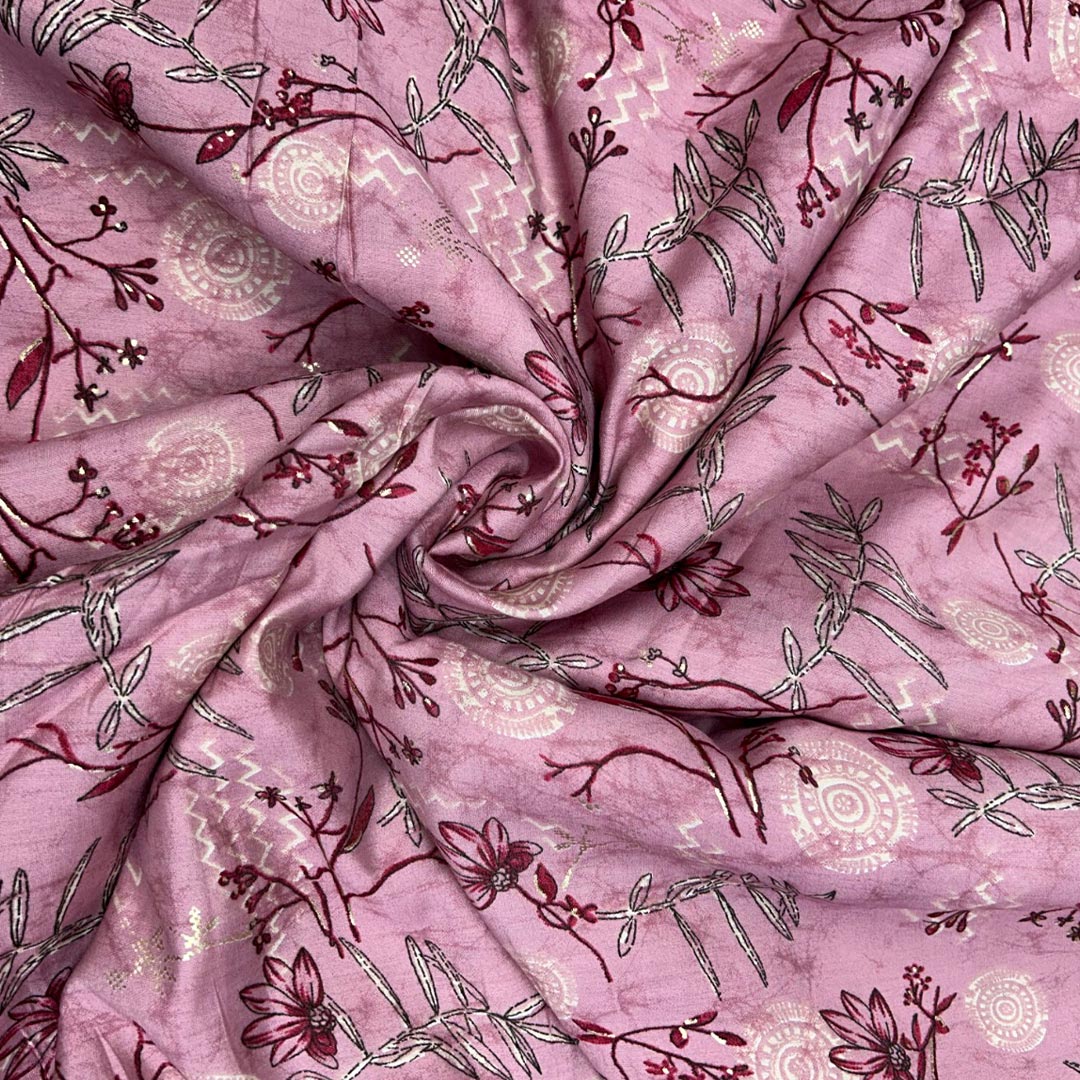 Pink Floral Printed Modal Chanderi Foil Fabric (Wholesale)