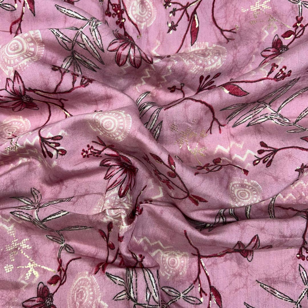 Pink Floral Printed Modal Chanderi Foil Fabric (Wholesale)