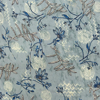 Grey Floral Printed Modal Chanderi Foil Print Fabric (Wholesale)