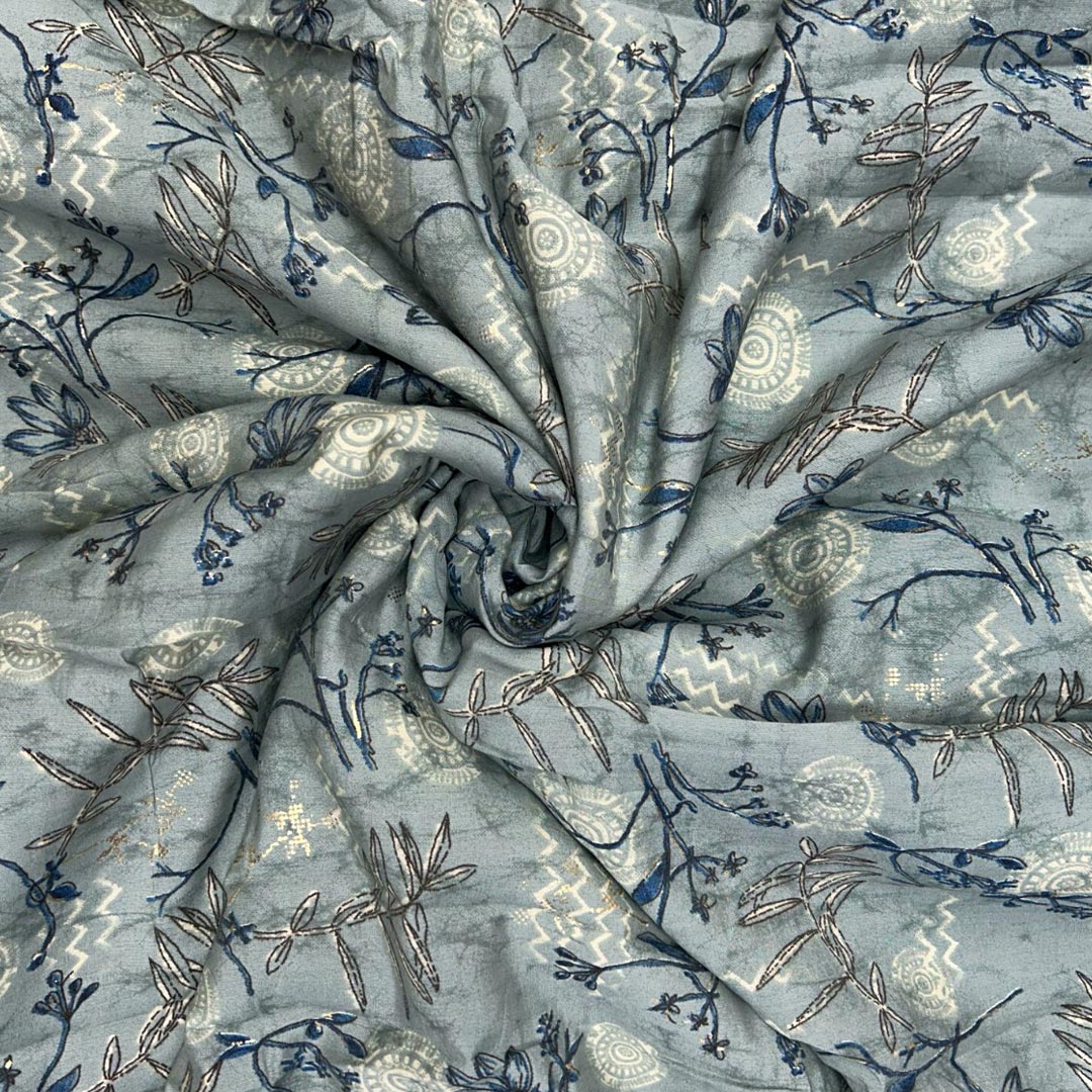 Grey Floral Printed Modal Chanderi Foil Print Fabric (Wholesale)