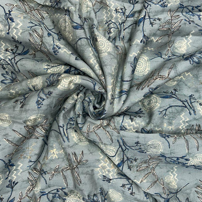 Grey Floral Printed Modal Chanderi Foil Print Fabric (Wholesale)