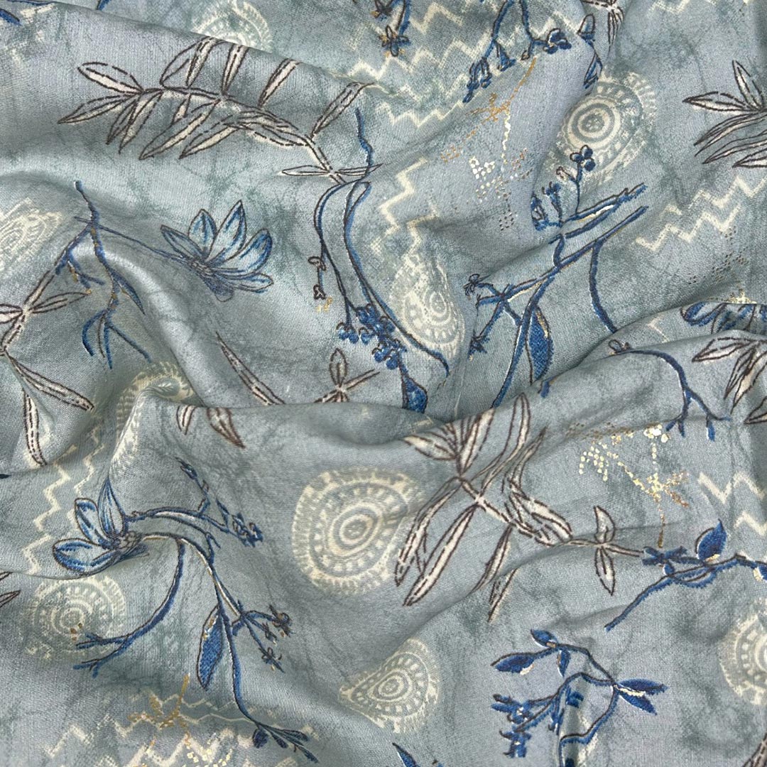 Grey Floral Printed Modal Chanderi Foil Print Fabric (Wholesale)