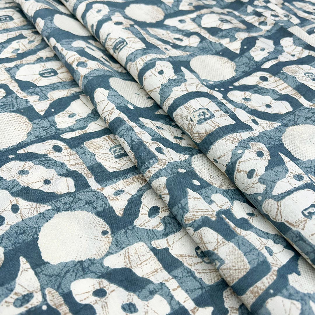 Blue & White Abstract Printed Chanderi Foil Print Fabric