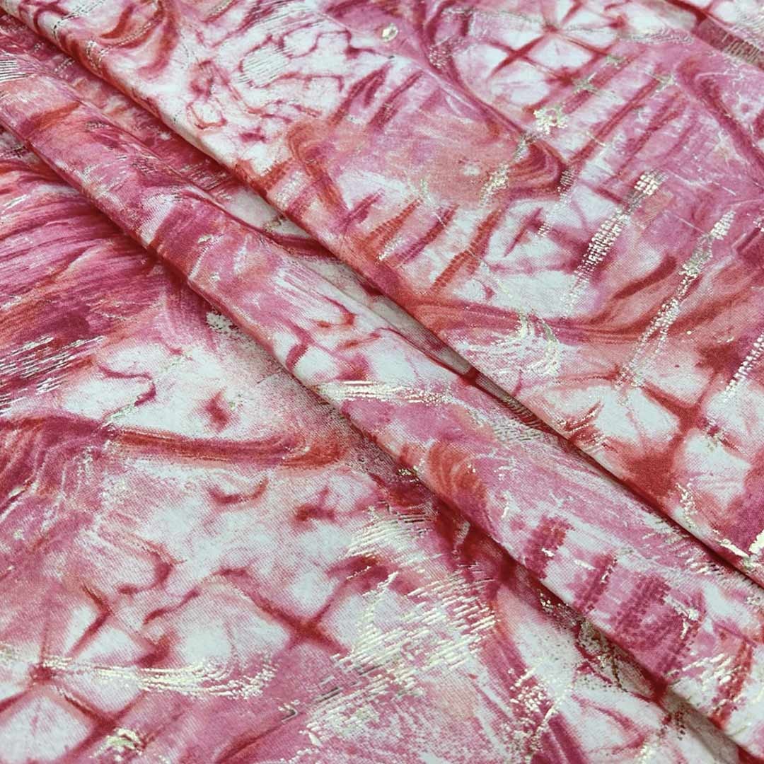 Pink & White Abstract Printed Chanderi Foil Print Fabric