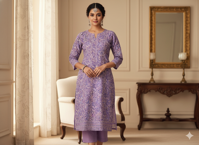 Purple 100 % Pure Mul Mul Cotton Chikan Embroidered Fabric