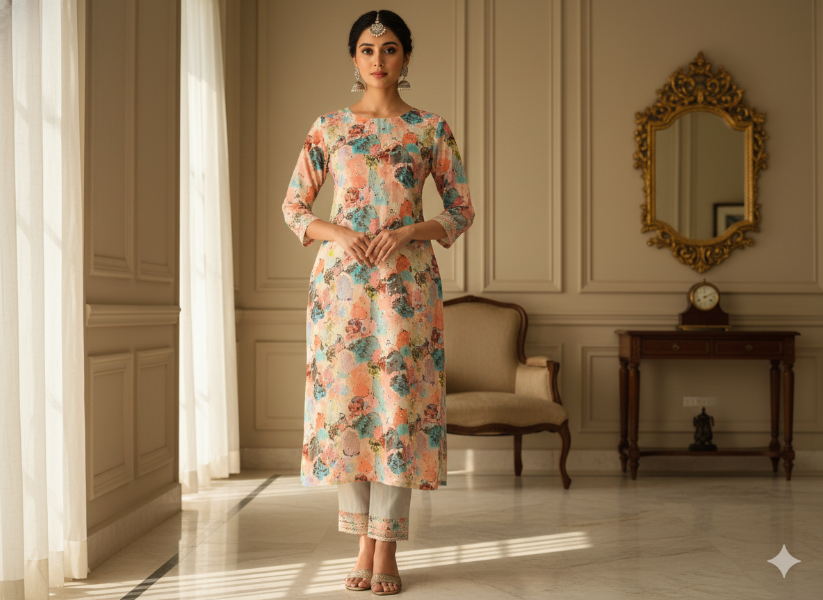 Peach 100 % Pure Mul Mul Cotton Chikan Embroidered Fabric