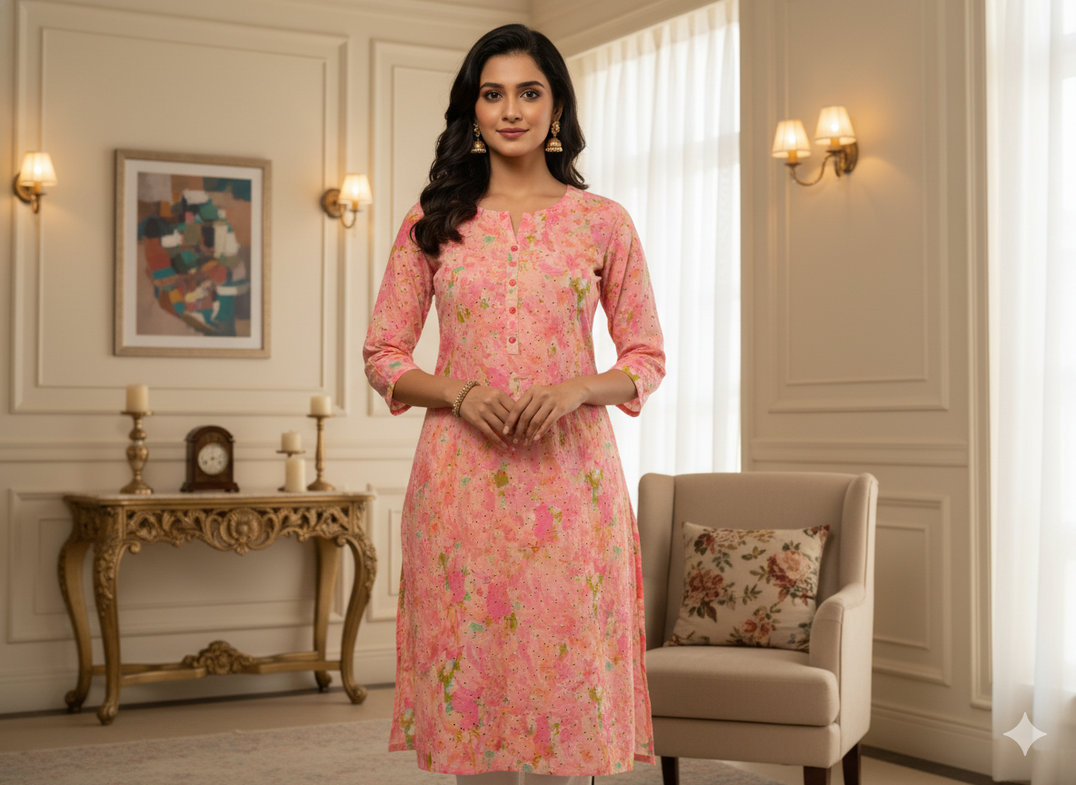 Light Pink 100 % Pure Mul Mul Cotton Chikan Embroidered Fabric