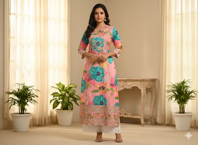 Blush Pink 100 % Pure Mul Mul Cotton Chikan Embroidered Fabric