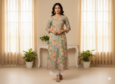 Pastel Green 100 % Pure Mul Mul Cotton Chikan Embroidered Fabric