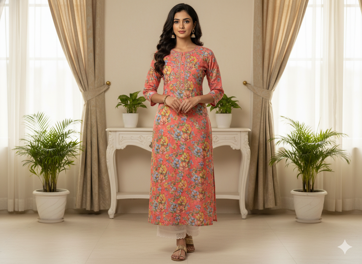 Peach 100 % Pure Mul Mul Cotton Chikan Embroidered Fabric