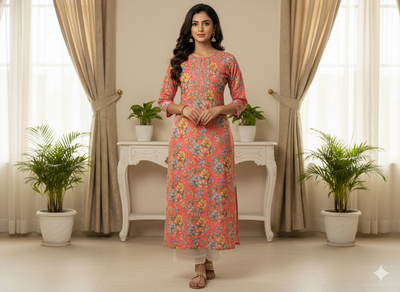 Peach 100 % Pure Mul Mul Cotton Chikan Embroidered Fabric