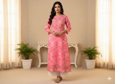 Candy Pink 100 % Pure Mul Mul Cotton Chikan Embroidered Fabric
