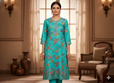 Teal Green 100 % Pure Mul Mul Cotton Chikan Embroidered Fabric