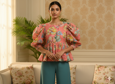 Peach 100 % Pure Mul Mul Cotton Chikan Embroidered Fabric