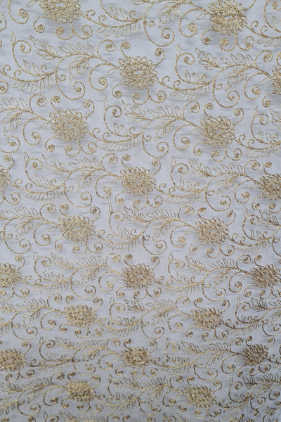 White & Golden Traditional Embroidered Net Fabric