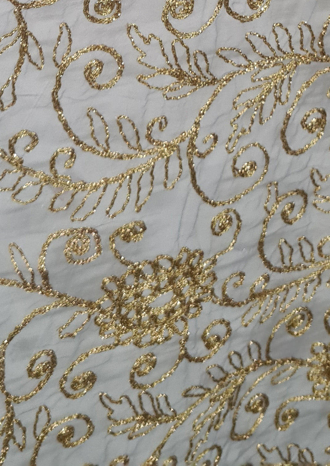 White & Golden Traditional Embroidered Net Fabric