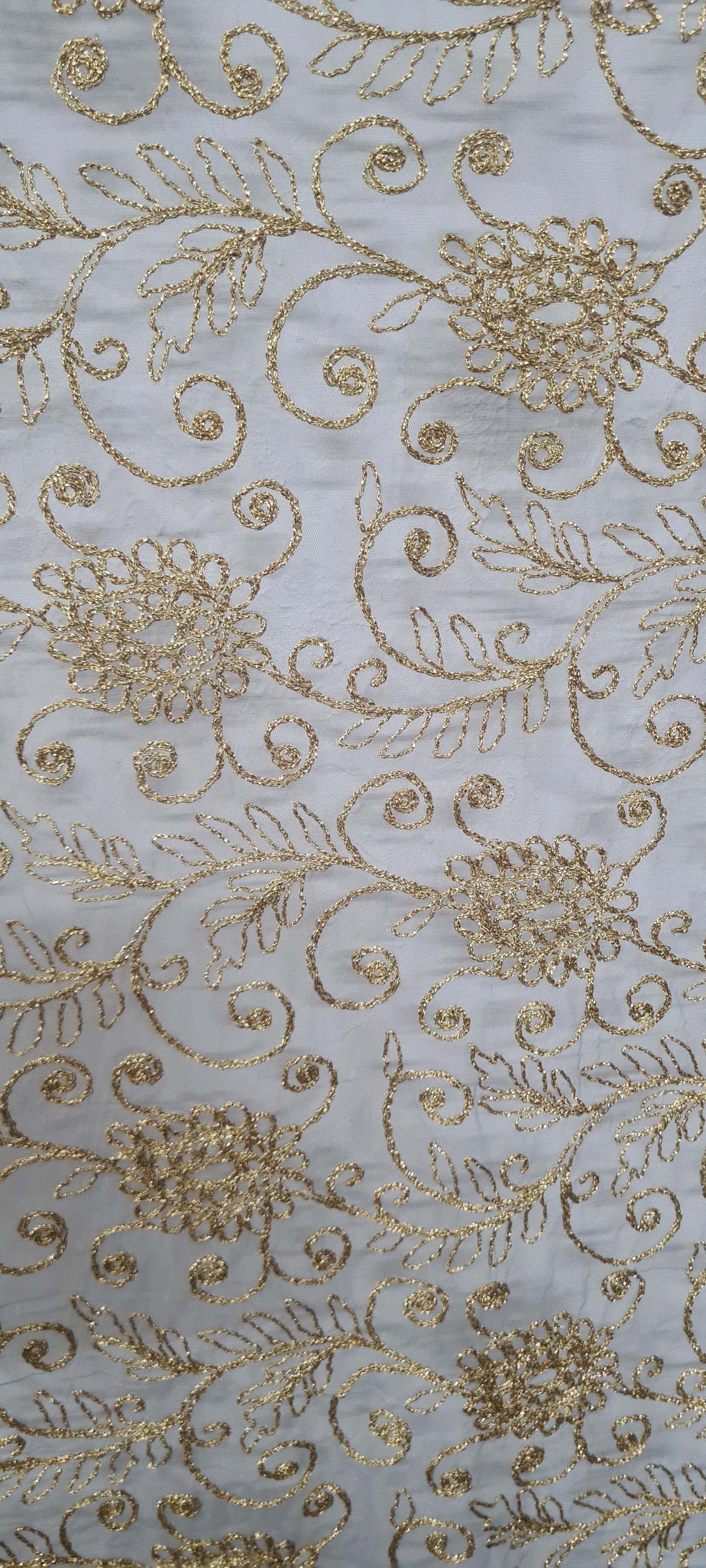 White & Golden Traditional Embroidered Net Fabric