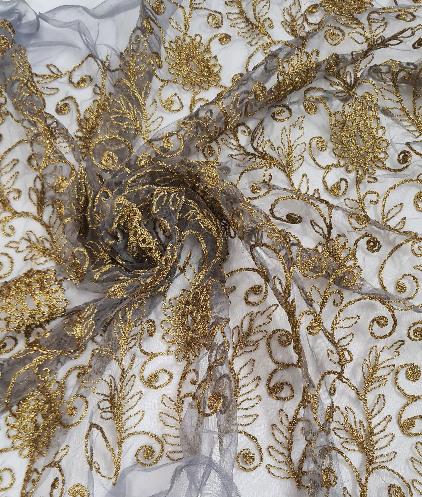 White & Golden Traditional Embroidered Net Fabric