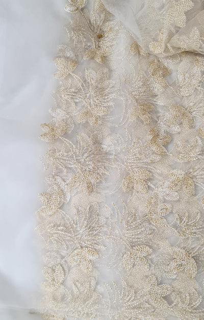 Golden Traditional Embroidered Net Fabric