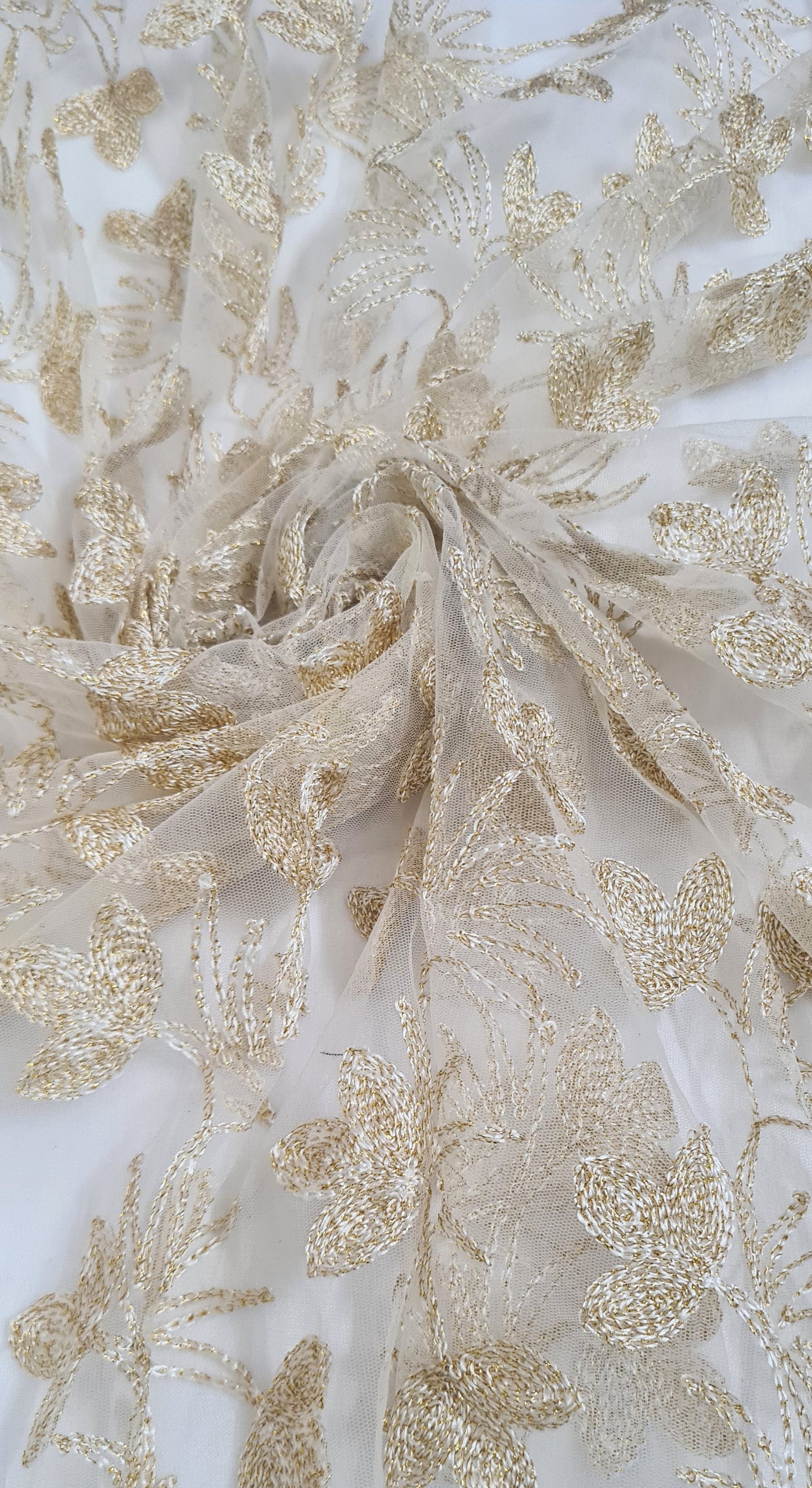 Golden Traditional Embroidered Net Fabric