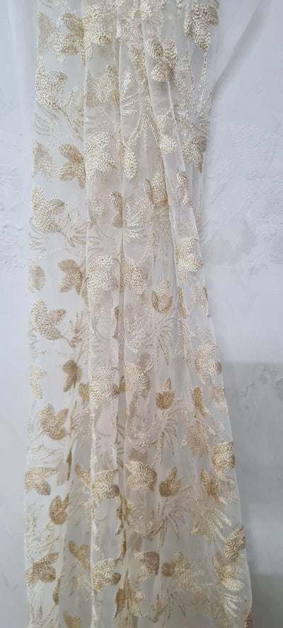 Golden Traditional Embroidered Net Fabric