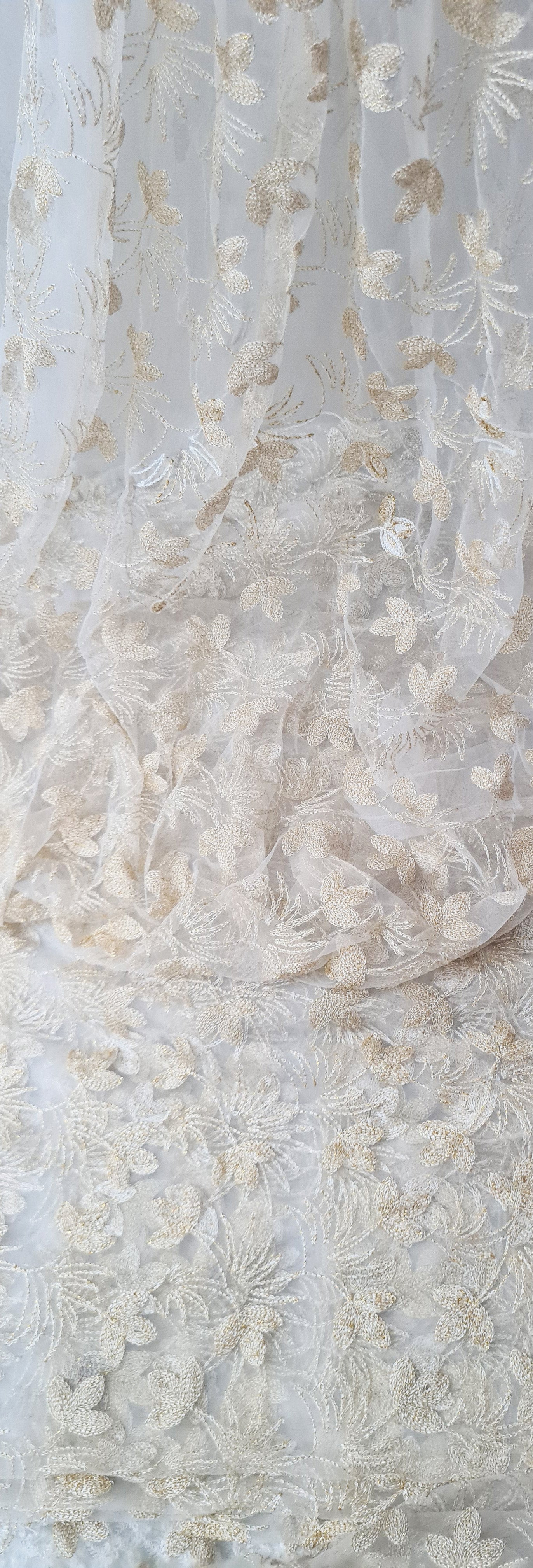 Golden Traditional Embroidered Net Fabric