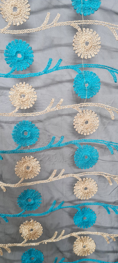Light Blue & Cream Floral Embroidered Net Fabric