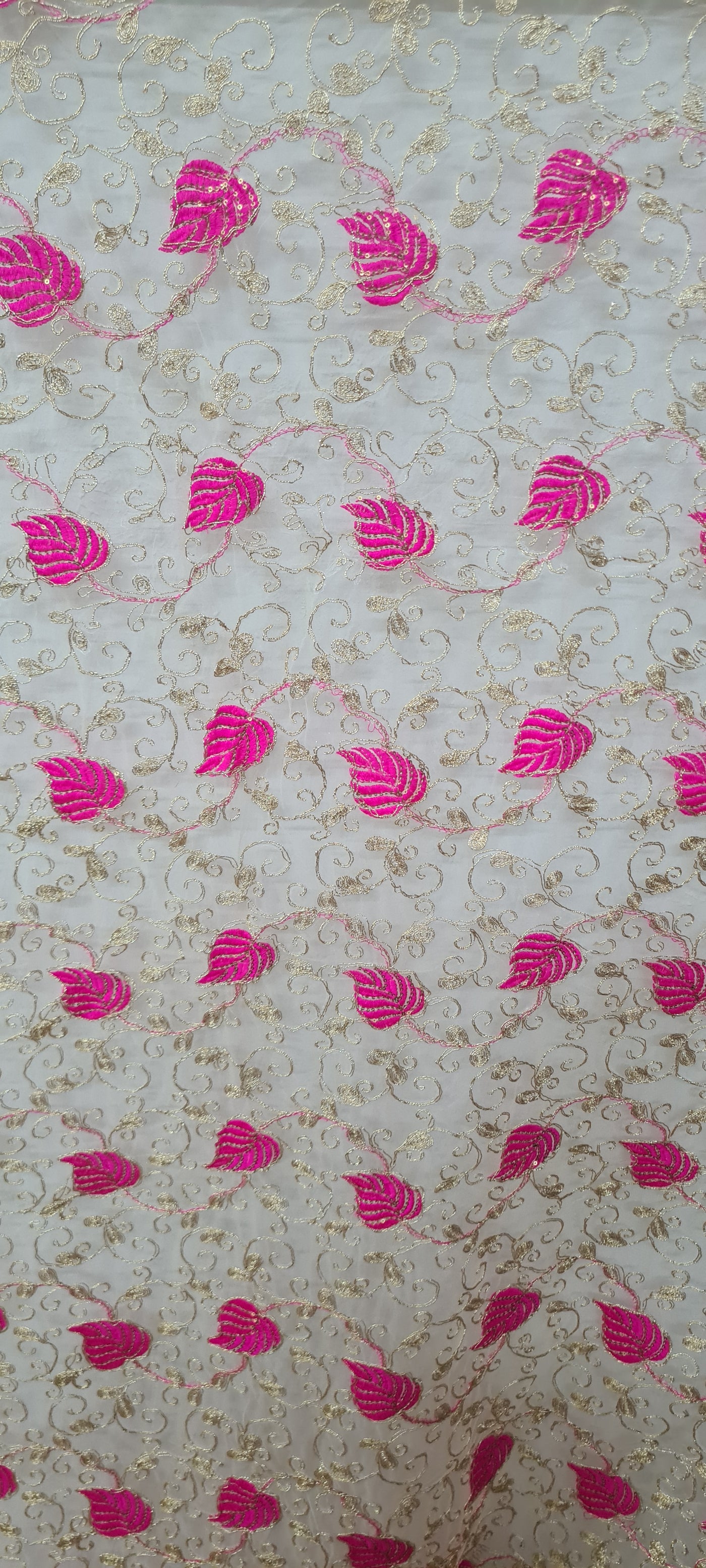 Pink & Cream Traditional Embroidered Net Fabric