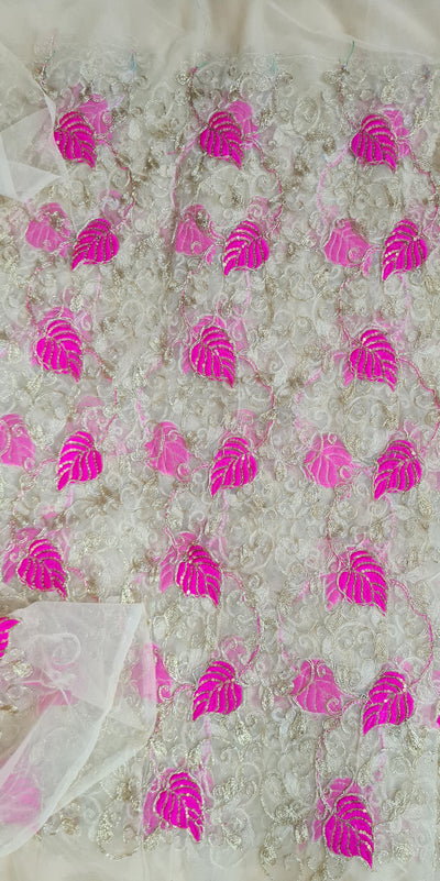 Pink & Cream Traditional Embroidered Net Fabric