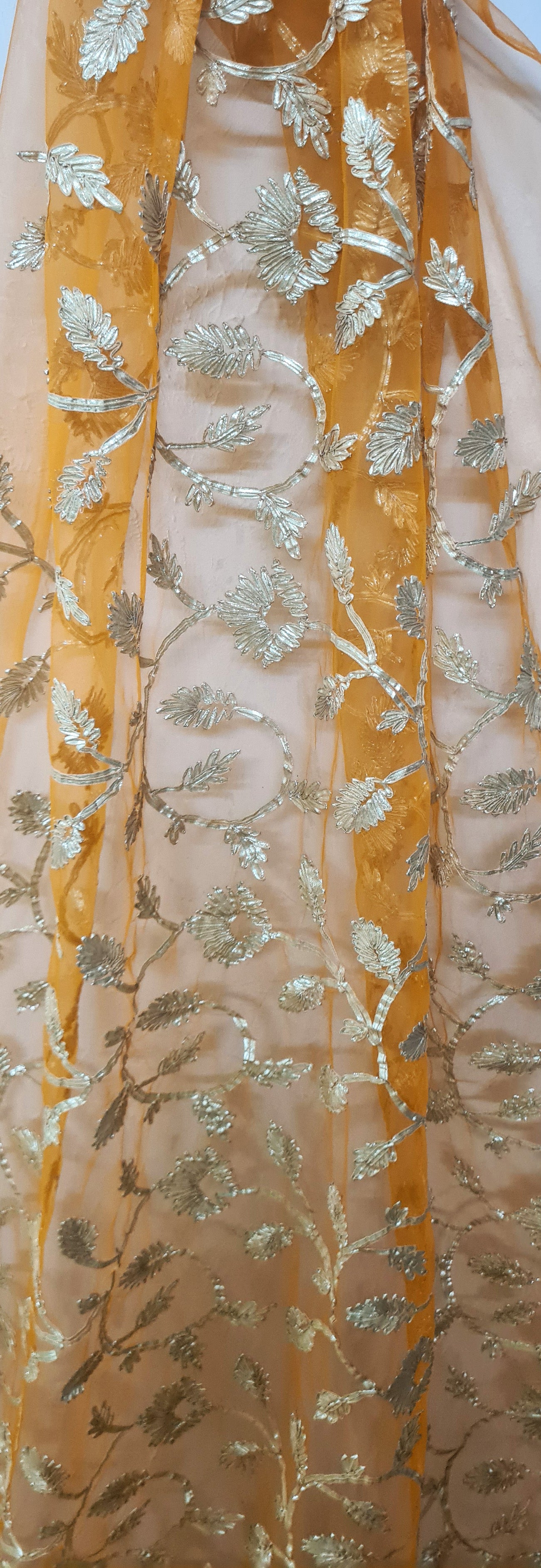 Light Yellow Floral Embroidered Net Fabric