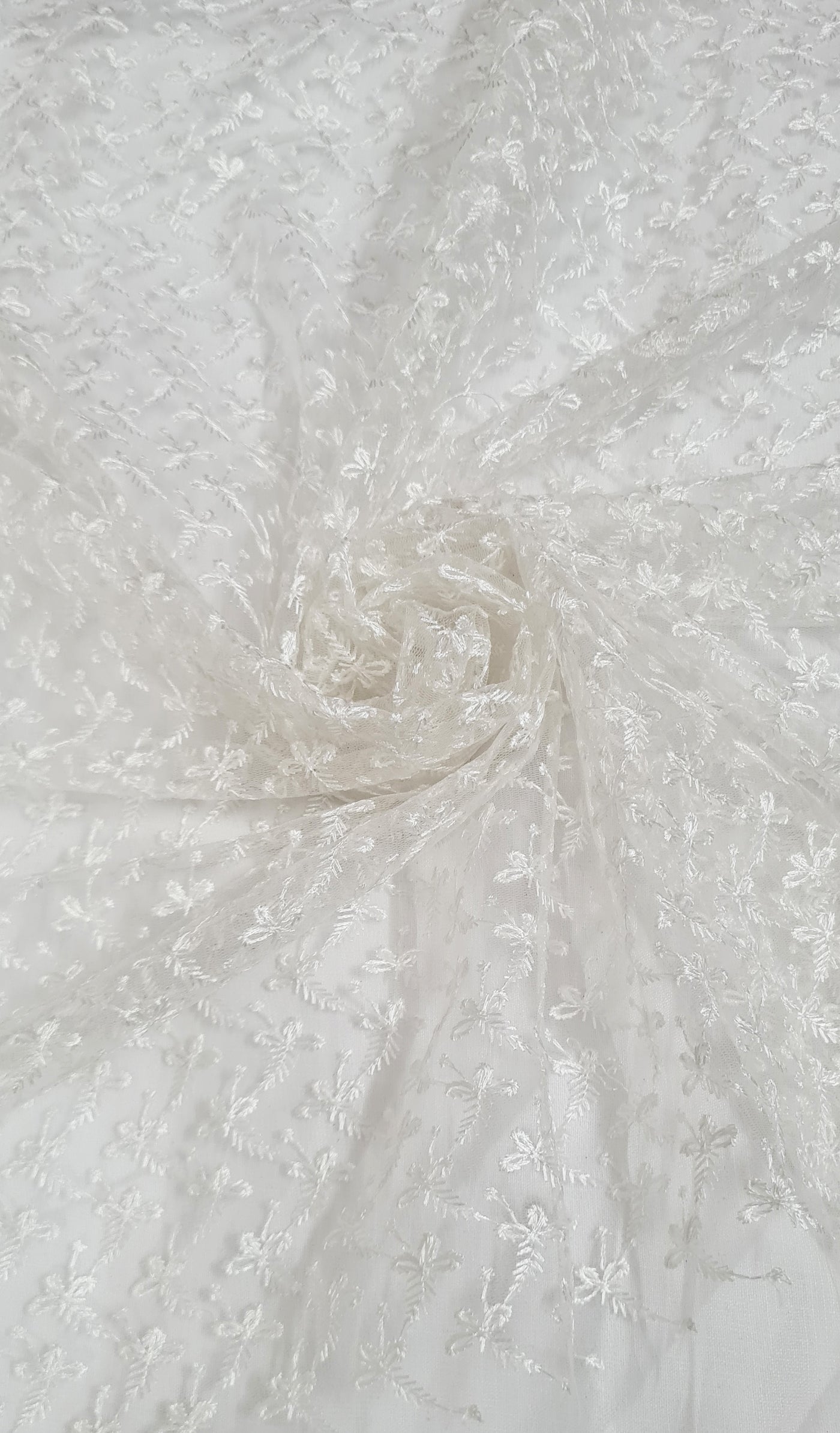 White Abstract Embroidered Net Fabric