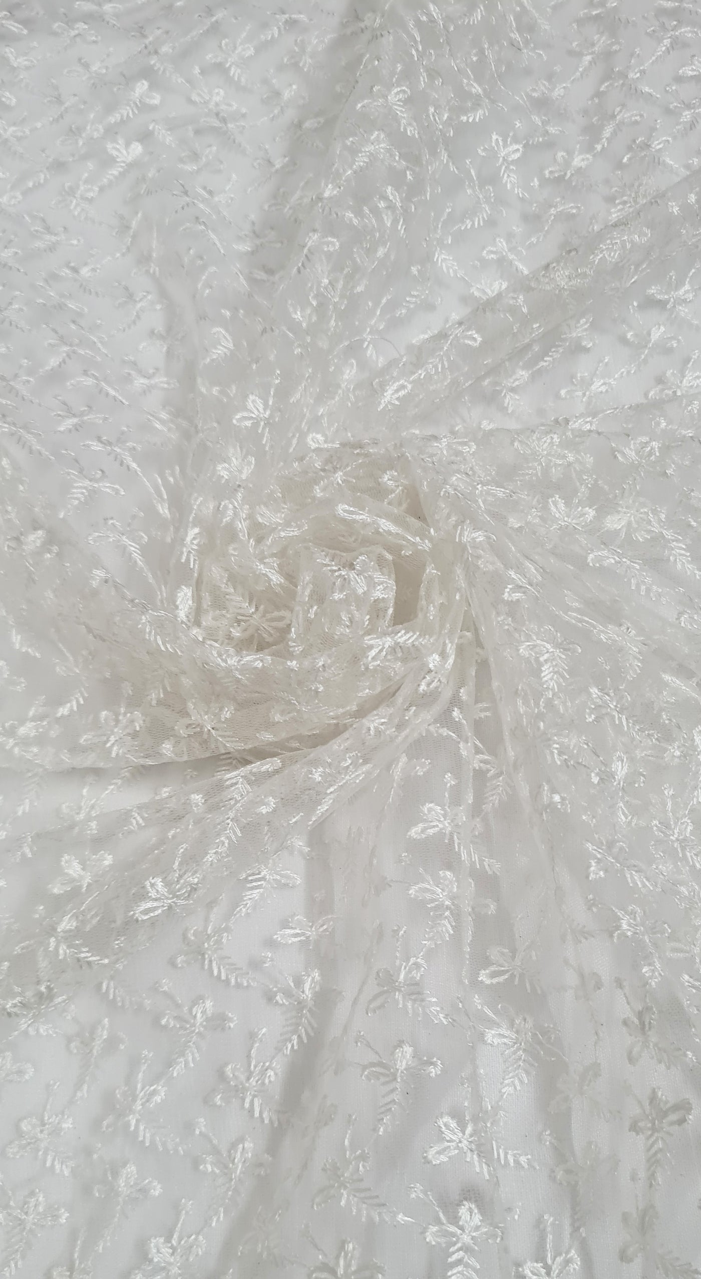 White Abstract Embroidered Net Fabric