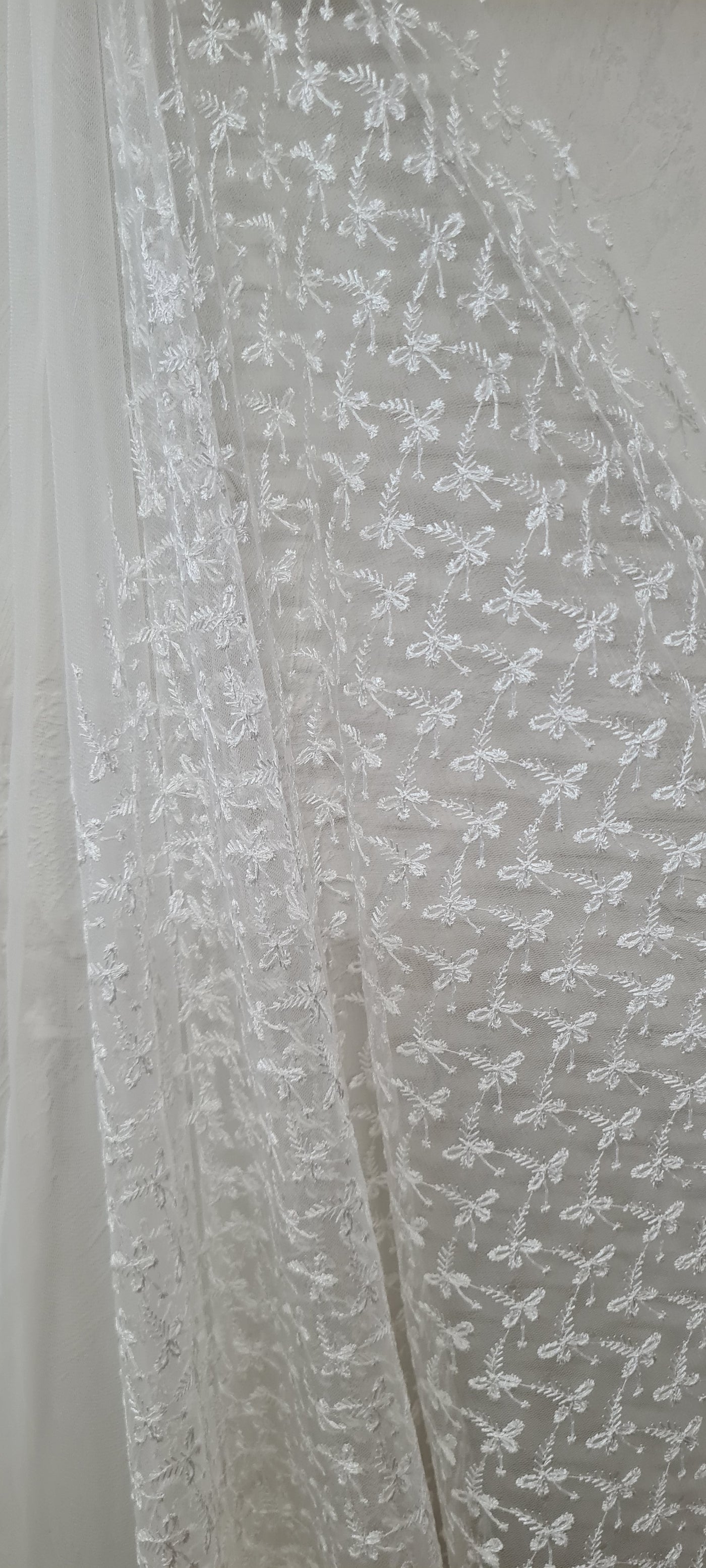 White Abstract Embroidered Net Fabric