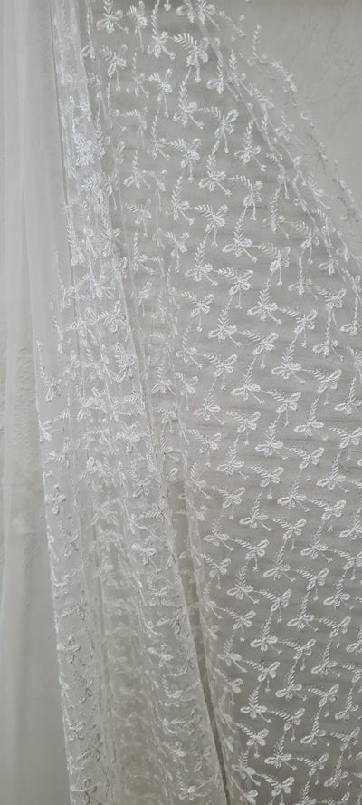 White Abstract Embroidered Net Fabric