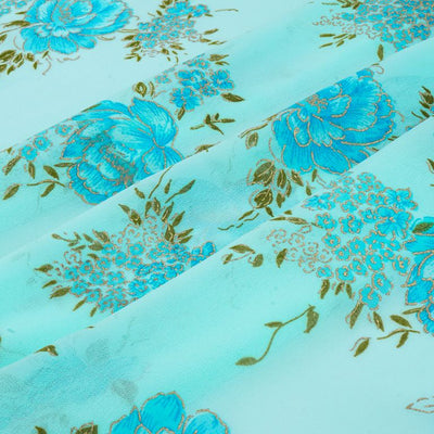 Baby Blue & Golden Floral Printed Faux Georgette Fabric