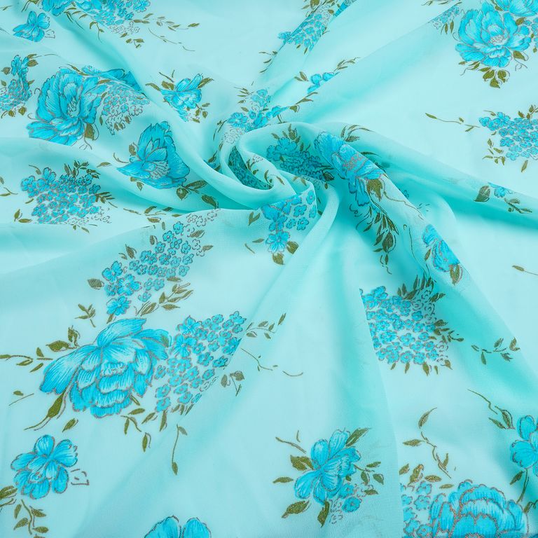 Baby Blue & Golden Floral Printed Faux Georgette Fabric