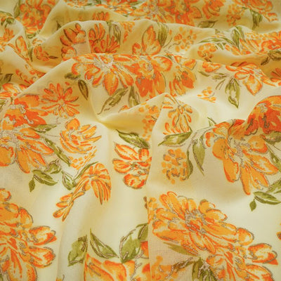 Yellow & Golden Floral Printed Faux Georgette Fabric