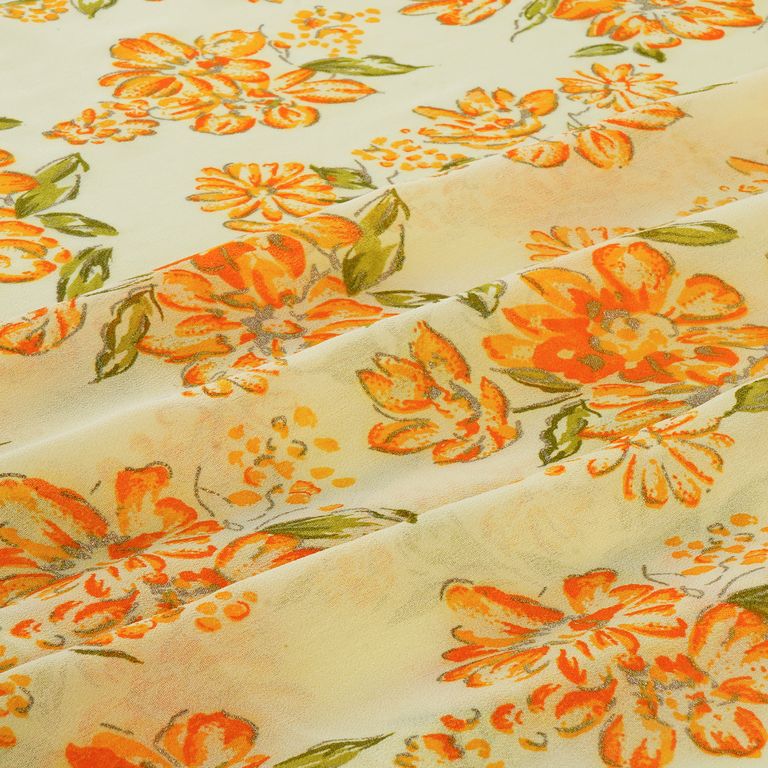 Yellow & Golden Floral Printed Faux Georgette Fabric